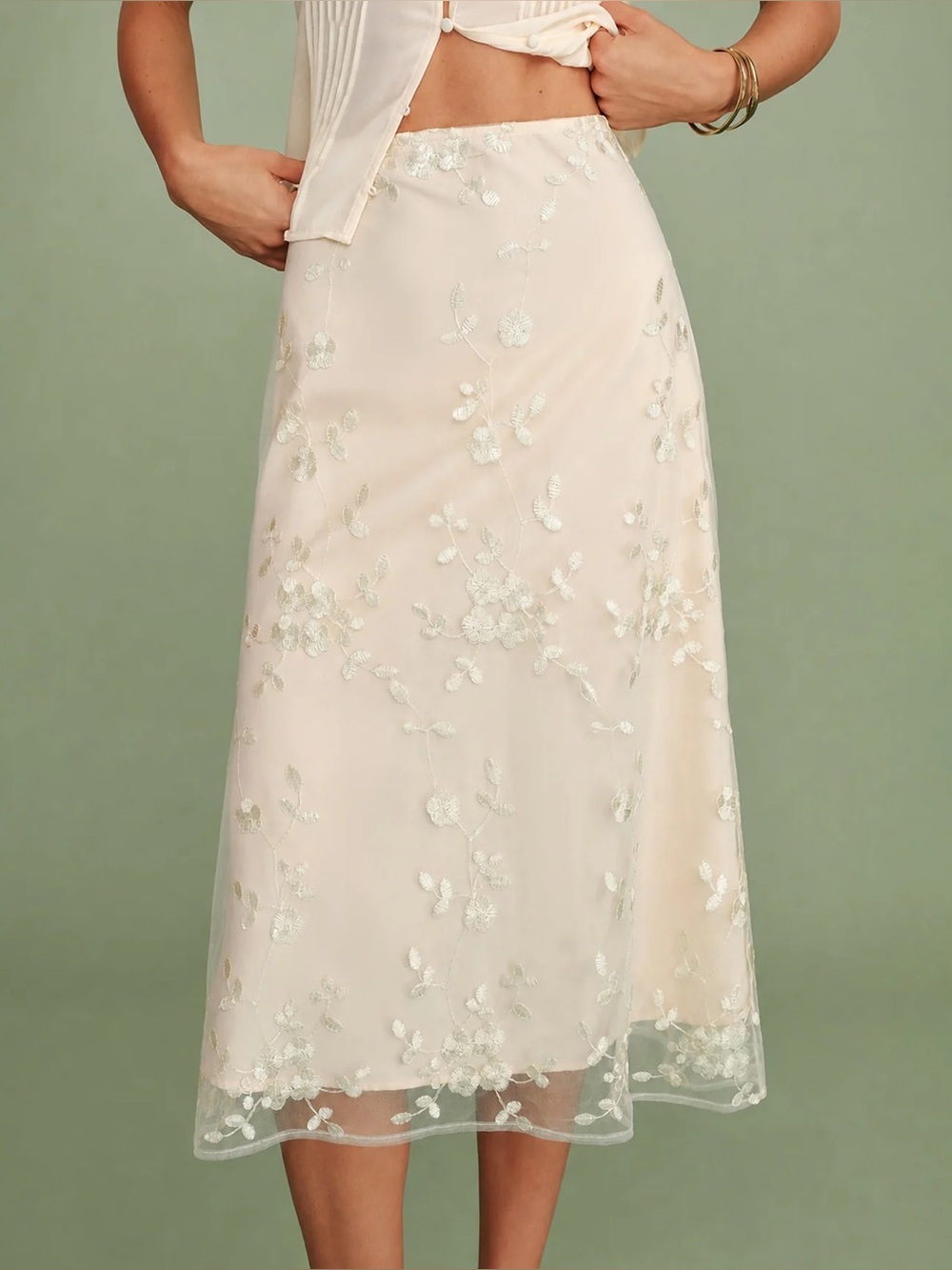 Rihoas Delicate Floral Embroidered Mesh Midi Skirt